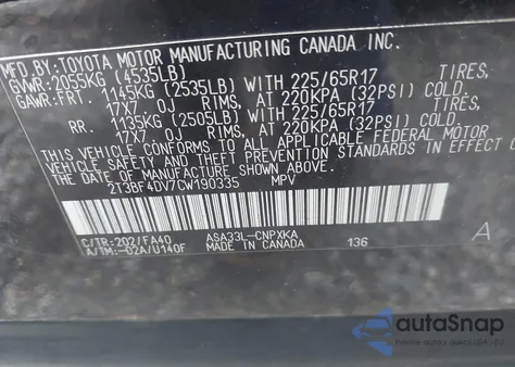 2012 Toyota Rav4 из США, поврежденный, VIN 2T3BF4DV7CW190335